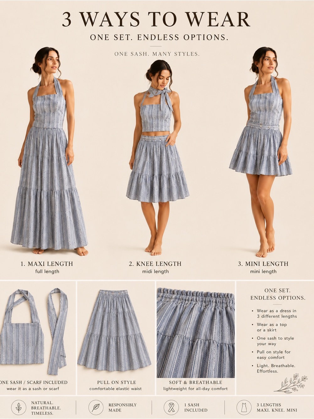 Evolverie Convertible Cotton Dress Set Maxi Midi Mini Sustainable Slow Fashion M